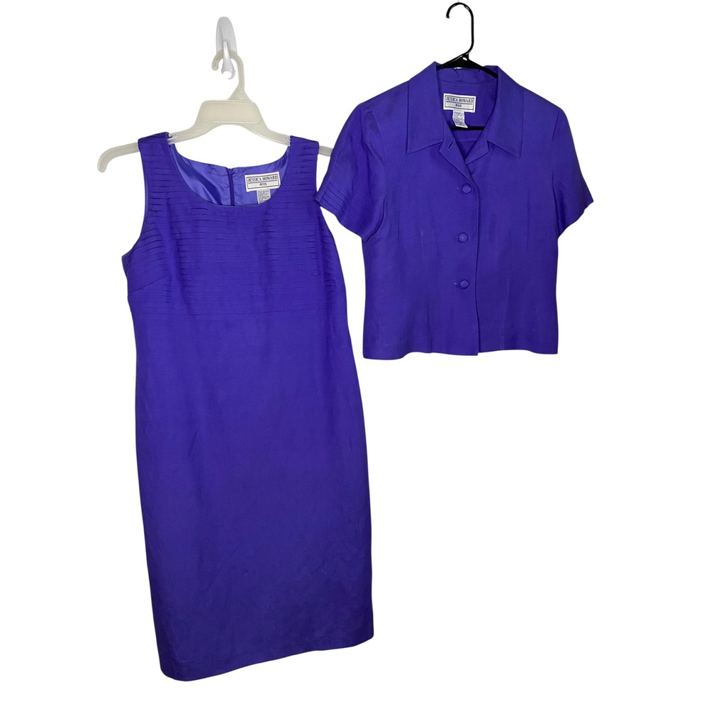 Jessica Howard Petite Purple Linen Blend Dress Suit Jacket Set Size 10P 2 Piece